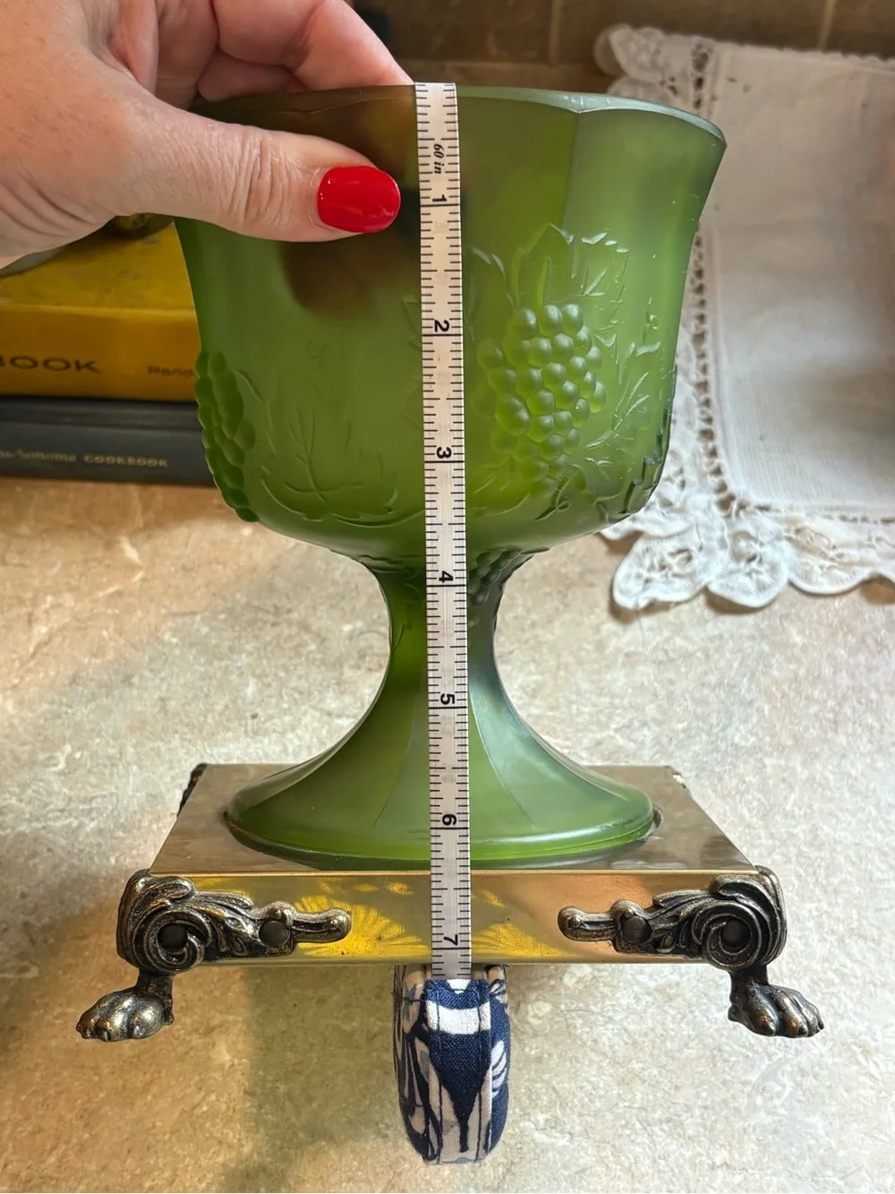 VTG OLIVE GREEN Glass Pedestal Compote with Grape Vine Motif ~ Brass Ornate Base
